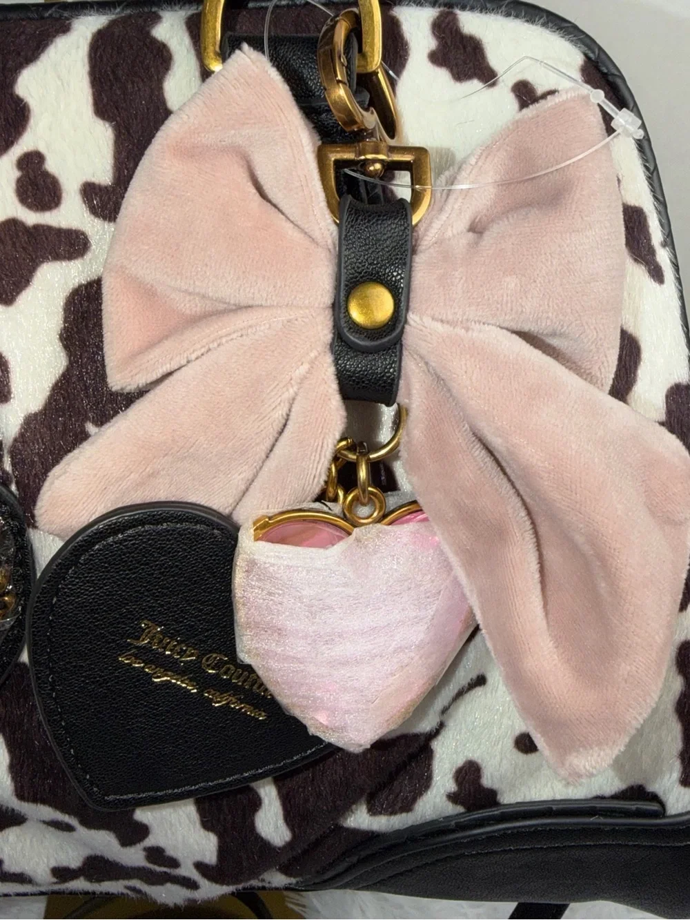Juicy Couture Black & White Cow Print Satchel with Pink Bow Charm